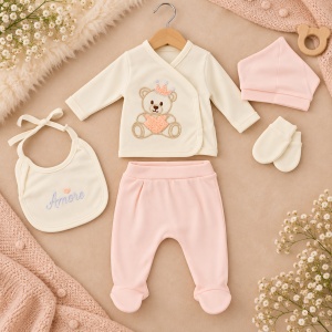Costum nou nascut fetita 5 piese din bumbac, crem roz cu ursulet si bavetica - Img 2