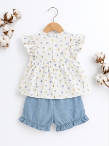 Costumas bebe fetita 2 piese bluza cu imprimeu si pantaloni scurti denim - Img 3