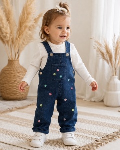 Costumas bebe fetita 2 piese salopeta denim cu floricele si bluza bumbac