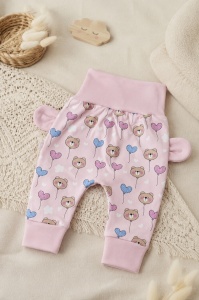 Pantaloni bebe roz din bumbac cu ursuleti, inimioare si urechi decorative