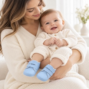 Pantofiori bebe bleu din piele ecologica cu doua barete cu arici