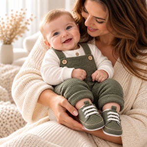 Pantofiori bebe kaki din material textil cu sireturi si talpa moale - Img 2
