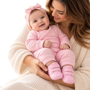 Pantofiori bebe roz din piele ecologica cu barete cu arici - Img 2