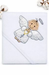Prosop bebe cu gluga pentru botez alb bumbac moale broderie ingeras 80x90 cm
