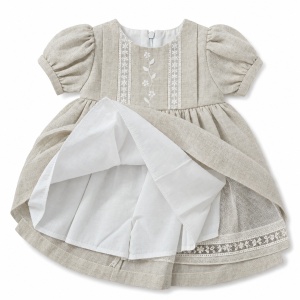 Rochie bebe fetita din in bej cu broderie florala si dantela - Img 3