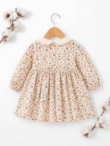 Rochie bebe fetita eleganta florala cu guler si fundita, fotografie de produs pe fundal alb