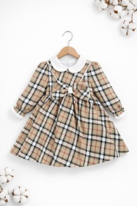 Rochie bebe fetita eleganta in carouri cu funda mare si guler alb, - Img 2