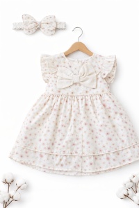 Rochie bebe fetite crem cu flori si bentita, rochita eleganta fetite - Img 2