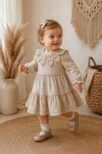 Rochie fetita crem eleganta cu guler dantelat, maneca lunga, stil boho vintage