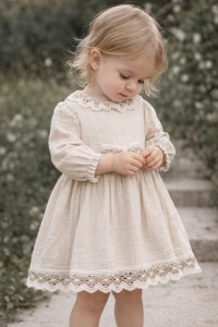 Rochie fetite muselina bej eleganta cu dantela rochie copii ocazie botez