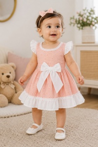 Rochita bebe fetita din bumbac roz cu fundita alba si broderie florala eleganta