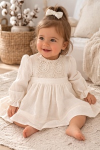 Rochita bebe fetite eleganta ivoire cu dantela maneca lunga din muselina