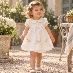 Rochita eleganta fetita din bumbac cu chilot asortat, broderie florala, ivory