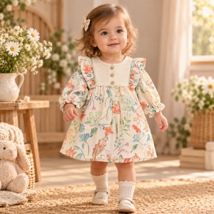 Rochita fetita din in cu imprimeu floral multicolor, volane si maneca lunga