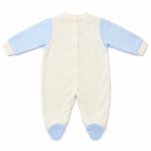 Salopeta bebe baiat din bumbac cu botosei integrati, bleu si crem, model elefant - Img 4