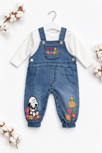 Salopeta bebe denim cu bluza bumbac set 2 piese cu imprimeu colorat casual, fotografie de produs pe fundal alb