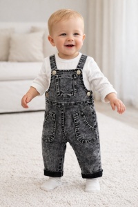Salopeta bebe denim gri cu bluzita bumbac set 2 piese copii casual modern