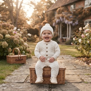 Salopeta bebe din lana naturala crem cu torsade si caciulita cu pompon