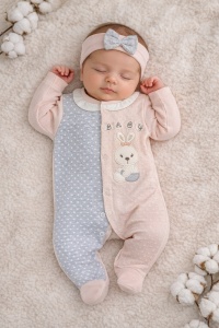 Salopeta bebe fete roz gri baby iepuras cu bentita bumbac