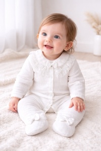 Salopeta bebe fetita muselina alba eleganta guler dantela botez bentita inclusa
