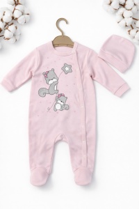 Salopeta bebe fetite roz cu caciulita 2 piese imprimeu ursulet - Img 2