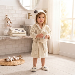 Set baie bebe 3 piese, halat cu gluga panda, prosop si papuci, crem Panda - Img 2