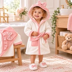 Set baie bebe 4 piese din bumbac, halat cu gluga, prosop, manusa si papuci, fundite, alb-roz