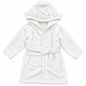 Set baie bebe 4 piese din bumbac, halat cu gluga, prosop, manusa si papuci, fundite, alb - Img 4