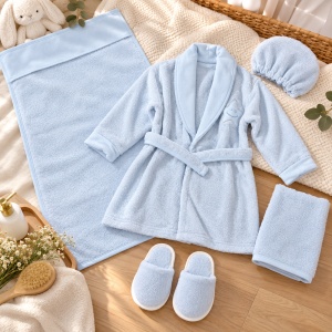 Set baie bebe 5 piese din bumbac, halat, prosop, turban si papuci, bleu