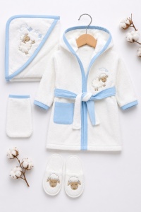 Set baie copii 4 piese alb bleu cu oita, halat, prosop si papuci, 100% bumbac - Img 3