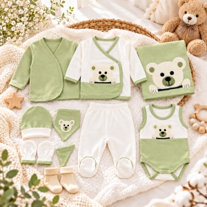 Set bebe 10 piese ursulet verde body pantaloni paturica caciulita cadou
