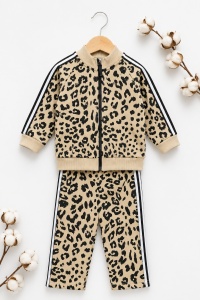 Set bebe 3 piese animal print din bumbac cu bluza, jacheta si pantaloni pentru fetite - Img 3