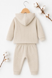 Set bebe 3 piese bej din bumbac cu hanorac bluza si pantaloni pentru bebelusi - Img 4