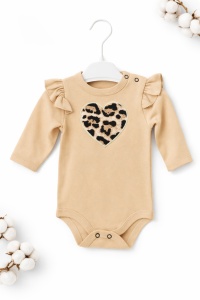 Set bebe 3 piese body pantaloni bentita leopard bej inimioara bumbac fete - Img 4