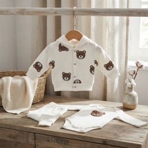 Set bebe 3 piese din bumbac alb cu ursuleti, hanorac cu gluga, body si pantaloni - Img 3