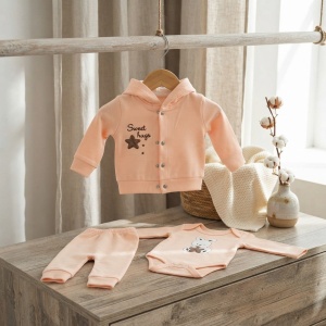 Set bebe 3 piese din bumbac piersica cu hanorac cu gluga, body si pantaloni