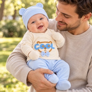 Set bebe 5 piese bumbac bleu si crem, ursulet COOL, pantaloni cu botosei integrati - Img 3