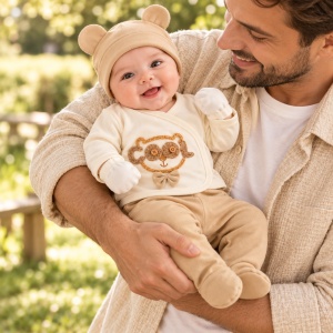 Set bebe 5 piese bumbac crem si bej, ursulet COOL, pantaloni cu botosei integrati - Img 3