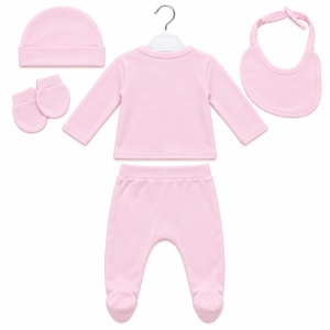 Set bebe 5 piese bumbac roz, floricele 3D si fundita, pantaloni cu botosei - Img 3