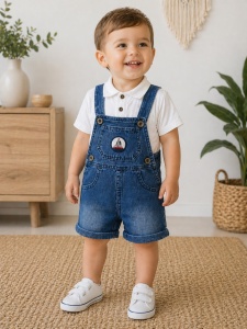 Set bebe baiat 2 piese camasa alba si salopeta denim cu bretele pantaloni scurti