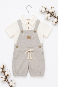 Set bebe baiat 2 piese camasa si salopeta cu bretele stil in culoare bej - Img 3