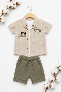 Set bebe baiat 3 piese camasa bej texturata tricou si pantaloni scurti verzi vara - Img 5
