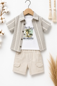 Set bebe baiat 3 piese camasa dungi tricou si pantaloni scurti casual vara - Img 2