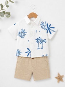 Set bebe baiat 3 piese camasa imprimeu albastru tricou si pantaloni vara - Img 3