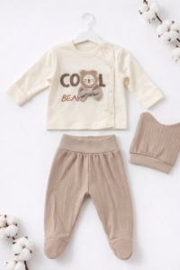 Set bebe baiat 3 piese cool bear bluza pantaloni si caciulita crem bej - Img 2