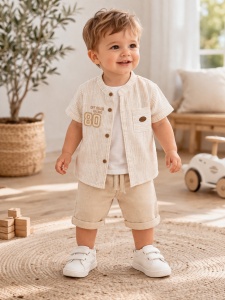 Set bebe baiat 3 piese din bumbac camasa tricou si pantaloni scurti elegant casual