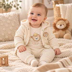 Set bebe baiat 3 piese din bumbac crem cu hanorac body si pantaloni model leu