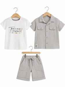 Set bebe baiat 3 piese din muselina camasa tricou si pantaloni scurti casual vara - Img 2