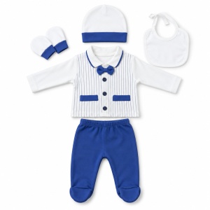 Set bebe baiat 5 piese din bumbac alb si albastru cu papion si pantaloni cu botosei - Img 2