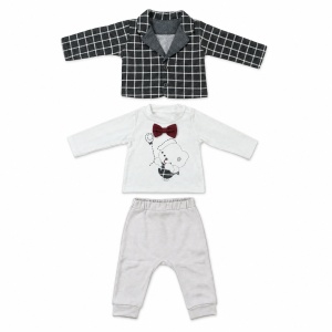 Costum bebe baiat cu sacou verde inchis in carouri, body alb si papion bordo, fotografie de produs pe fundal alb